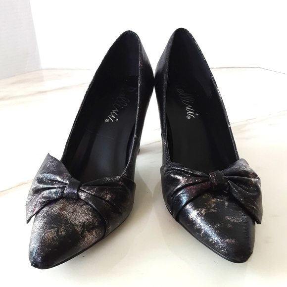 BELLINE BLACK FLORAL BOW METALLIC DRESS SHOE SZ 7 - Picture 3 of 8